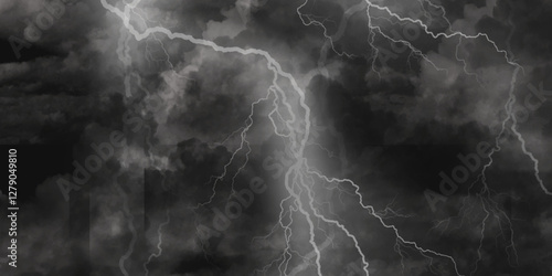 Thunder, lightnings and rain on a stormy summer night in black and white. Lightning bolts in the sky at night. 

