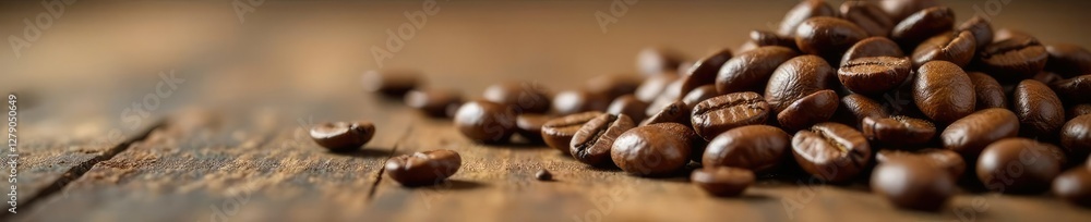 Aromatic coffee beans scattered on a wooden table, natural, seasonal Aromatic coffee beans scattered on a wooden table, natural, seasonal