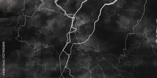 Thunder, lightnings and rain on a stormy summer night in black and white. Lightning bolts in the sky at night. 

