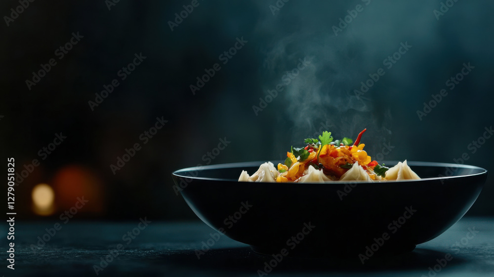 Steaming dumplings with spicy sauce and herbs in bowl Steaming dumplings with spicy sauce and herbs in bowl