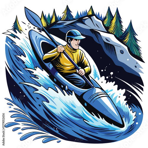 A lone kayaker navigates a powerful, whitewater river, paddling intensely amidst churning rapids and spray.