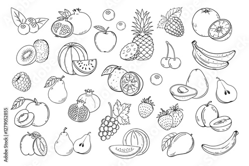 Sketch fruits and berries icons set. Collection of hand drawn farm product for restaurant menu, market label. Mango, blueberry, pineapple, apple and etc