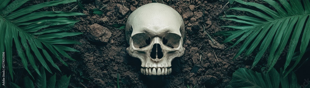 Human skull resting on earthy ground surrounded by tropical green leaves and natural foliage Human skull resting on earthy ground surrounded by tropical green leaves and natural foliage