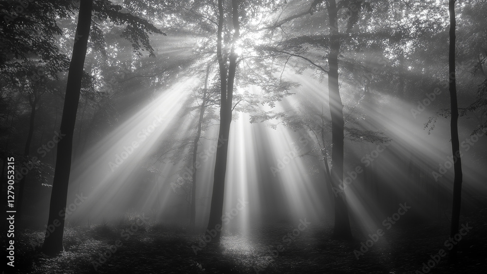 Obraz premium Black and white forest with sunlight filtering through, monochrome woodland, sun rays and trees