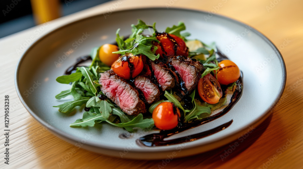 Steak salad with arugula, cherry tomatoes, and balsamic glaze Steak salad with arugula, cherry tomatoes, and balsamic glaze