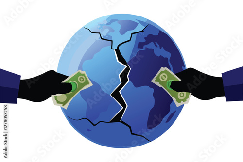 A cracked Earth globe with hands reaching across the fissure exchanging money, depicting global economic disparity and environmental damage.