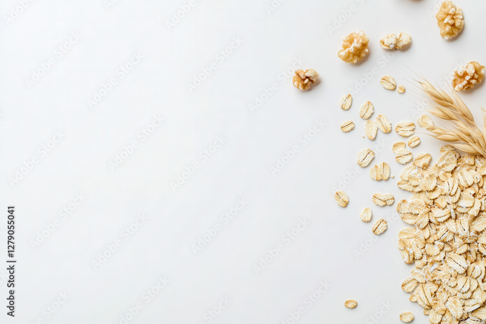 Harvesting whole grains oats and walnuts on white surface food photography natural ingredients minimalist style Harvesting whole grains oats and walnuts on white surface food photography natural ingredients minimalist style