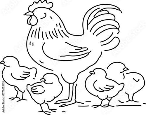abstract illustration set of chicks and mother hen line art