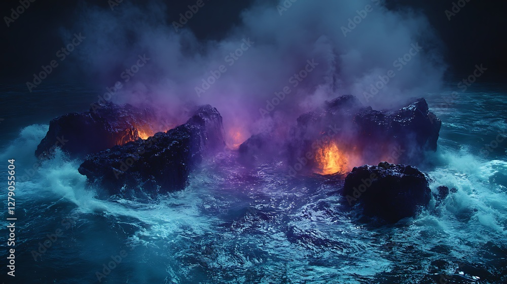 Volcanic islands glowing in the dark ocean. Possible use stock photo of surreal landscape Volcanic islands glowing in the dark ocean. Possible use stock photo of surreal landscape