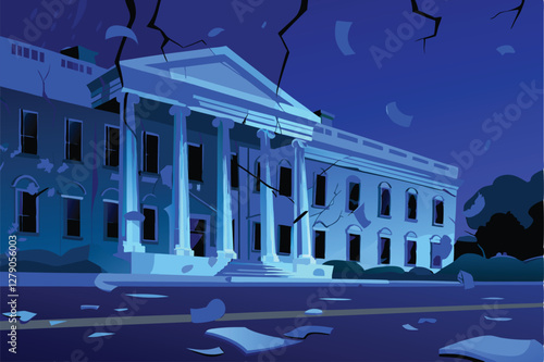 A decaying government building, its facade crumbling, with stacks of money visibly leaking from a broken window, symbolizing corruption and financial mismanagement.