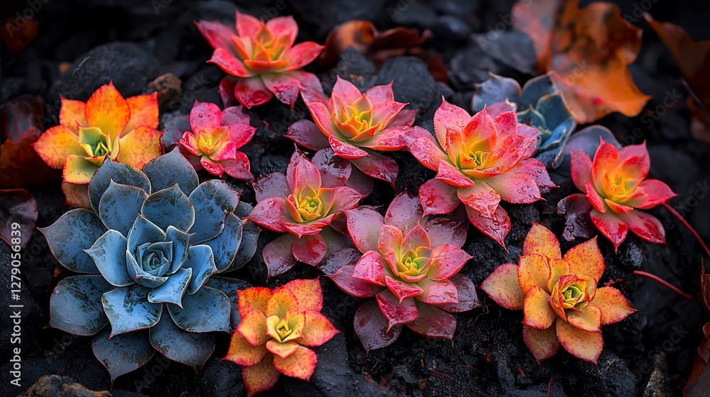 Vibrant succulents on dark volcanic rock. Vibrant succulents on dark volcanic rock.
