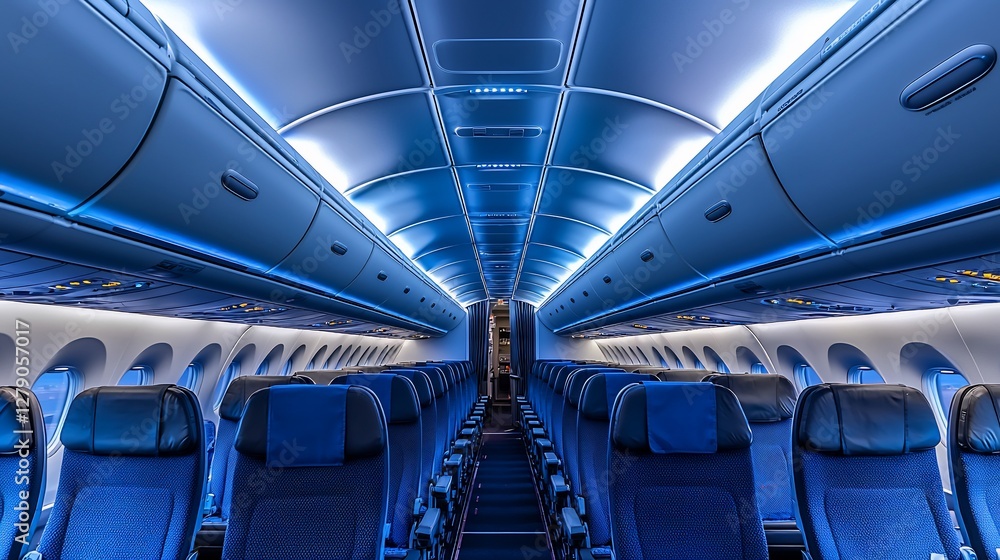 Fototapeta premium Empty airplane cabin with blue seats and overhead compartments.