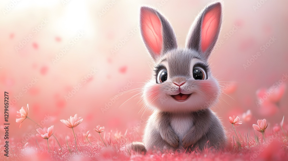 Fototapeta premium Cute cartoon bunny with chubby cheeks, big expressive eyes, and a playful pose, soft pastel background, copy space