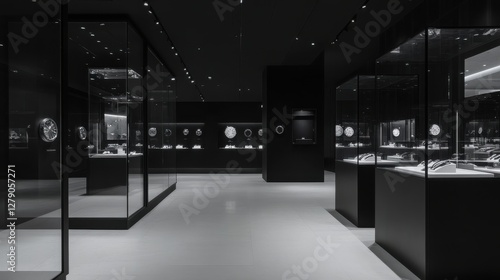 A high-end watch boutique with luxury timepieces displayed in glass cases,