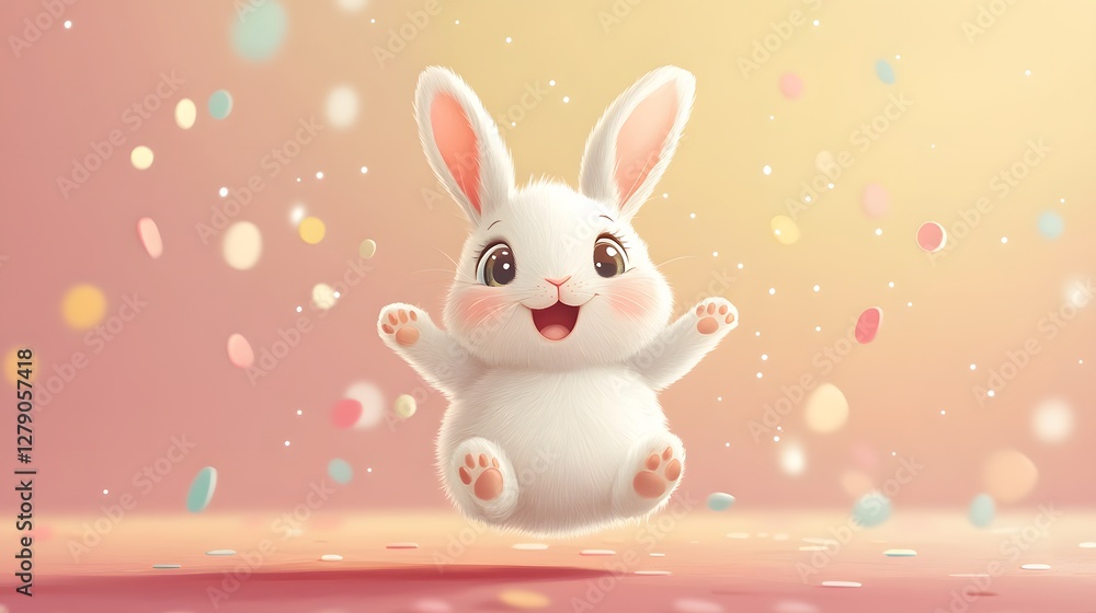 Bouncing bunny with floppy ears and a bright pastel background, simple and heartwarming illustration, copy space Bouncing bunny with floppy ears and a bright pastel background, simple and heartwarming illustration, copy space