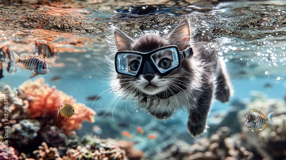 Adventurous cat swimming with fishes underwater reef animal photography marine environment close-up playfulness Adventurous cat swimming with fishes underwater reef animal photography marine environment close-up playfulness