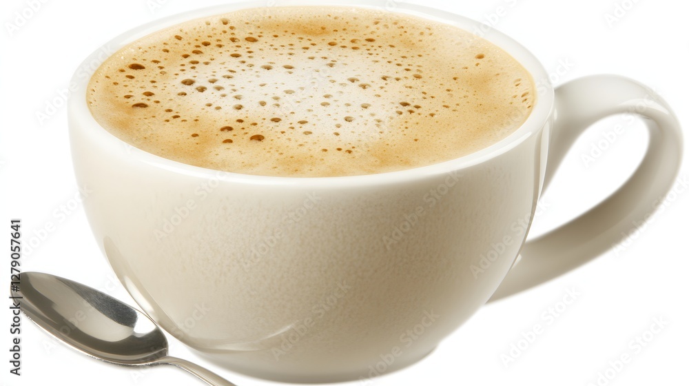Close up of a Cup of Coffee with Creamy Foam and a Spoon on the Side Isolated on White Close up of a Cup of Coffee with Creamy Foam and a Spoon on the Side Isolated on White