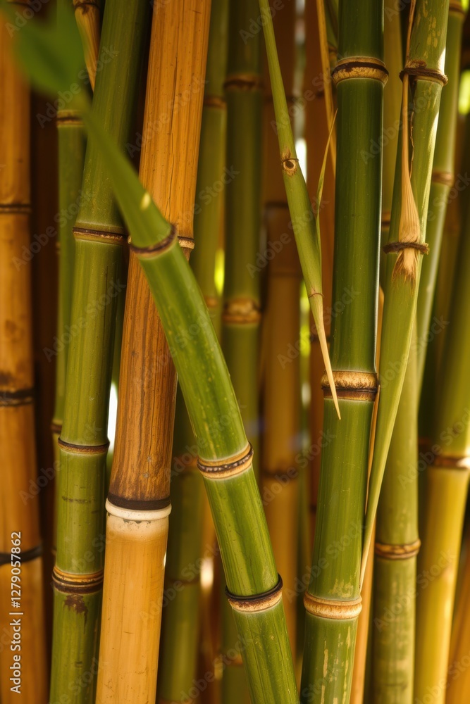 Lush bamboo stalks create a natural screen with varying green and tan tones in vertical composition.
