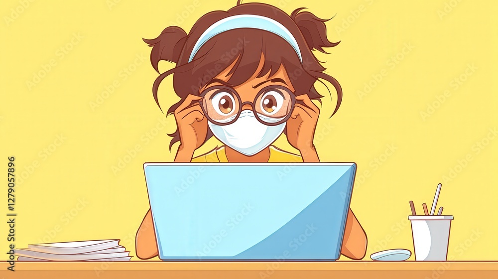 Girl wearing a mask studies on her laptop Girl wearing a mask studies on her laptop
