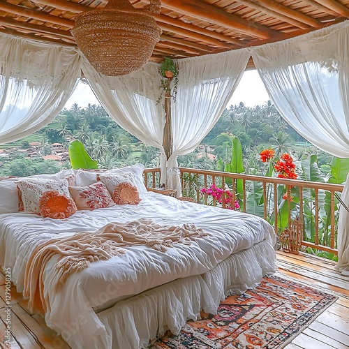 97. Welcome a sense of unencumbered peace in this villa bedroom, featuring an elegant bed positioned for maximum comfort. The undiluted white color scheme underscores the open atmosphere, preventing  photo