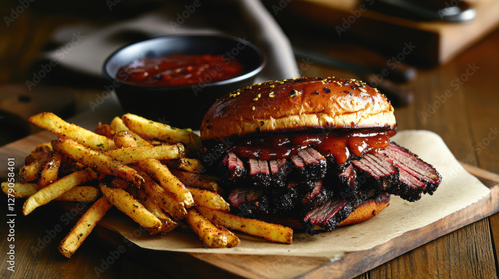 Delicious brisket burger with fries and barbecue sauce Delicious brisket burger with fries and barbecue sauce