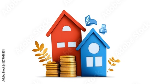 Wallpaper Mural Colorful House Models with Stacked Coins and Growth Symbols Torontodigital.ca