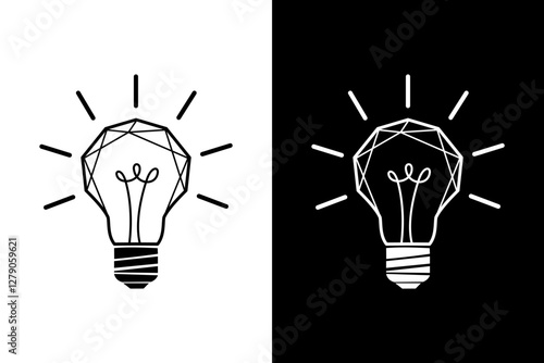 Black and white isolated outline icon of light bulb on black and white background 