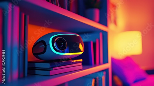 Robotic projector device placed on a shelf among books