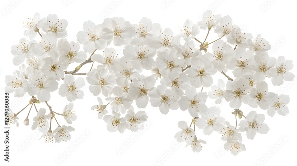 Delicate White Cherry Blossom Branch with Golden Stamen Isolated on Transparent Backdrop Delicate White Cherry Blossom Branch with Golden Stamen Isolated on Transparent Backdrop