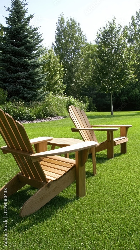 Relaxing seating area with wooden chairs on a lush green lawn surrounded by trees in a serene outdoor setting Relaxing seating area with wooden chairs on a lush green lawn surrounded by trees in a serene outdoor setting