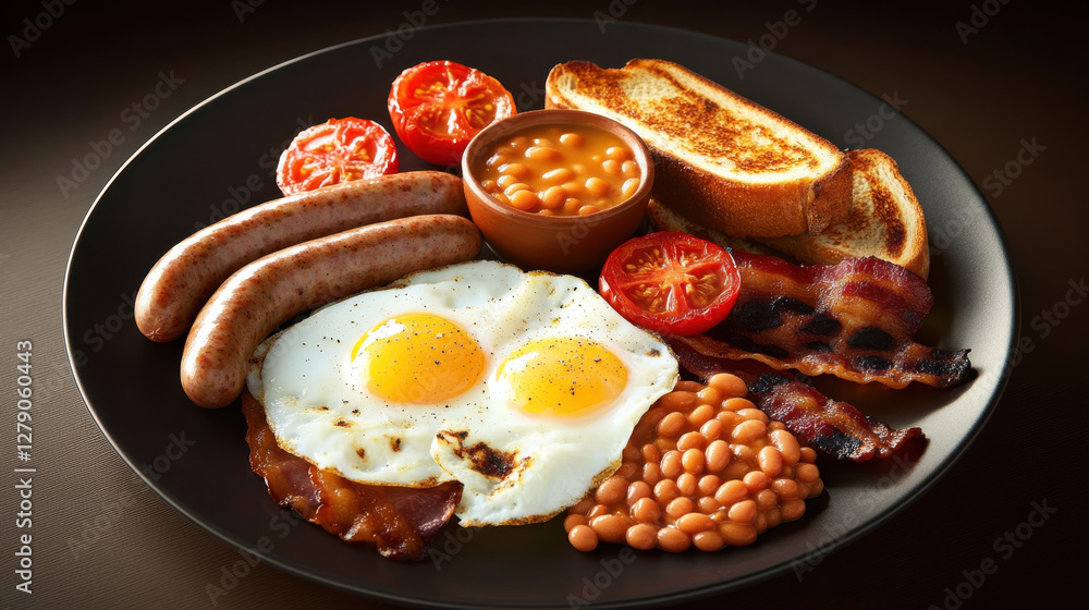 Traditional English breakfast with eggs, sausage, and beans Traditional English breakfast with eggs, sausage, and beans