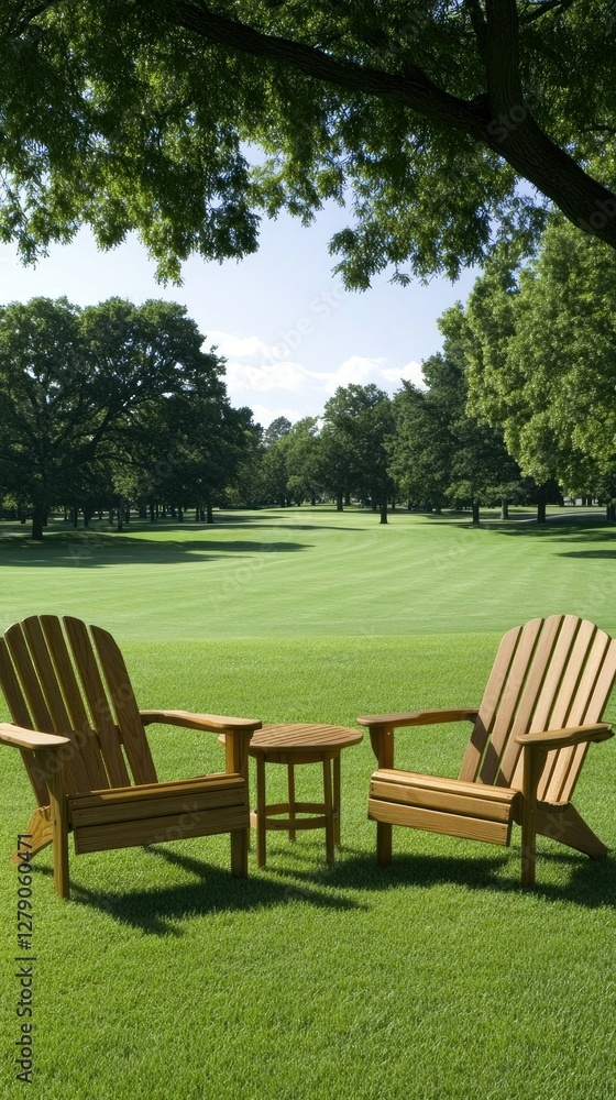 A tranquil seating area nestled within a peaceful park, surrounded by lush green grass and tall trees, basking in the sunshine A tranquil seating area nestled within a peaceful park, surrounded by lush green grass and tall trees, basking in the sunshine