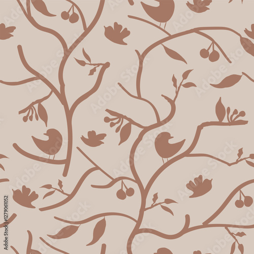 Birds and cherry trees in two shades of brown