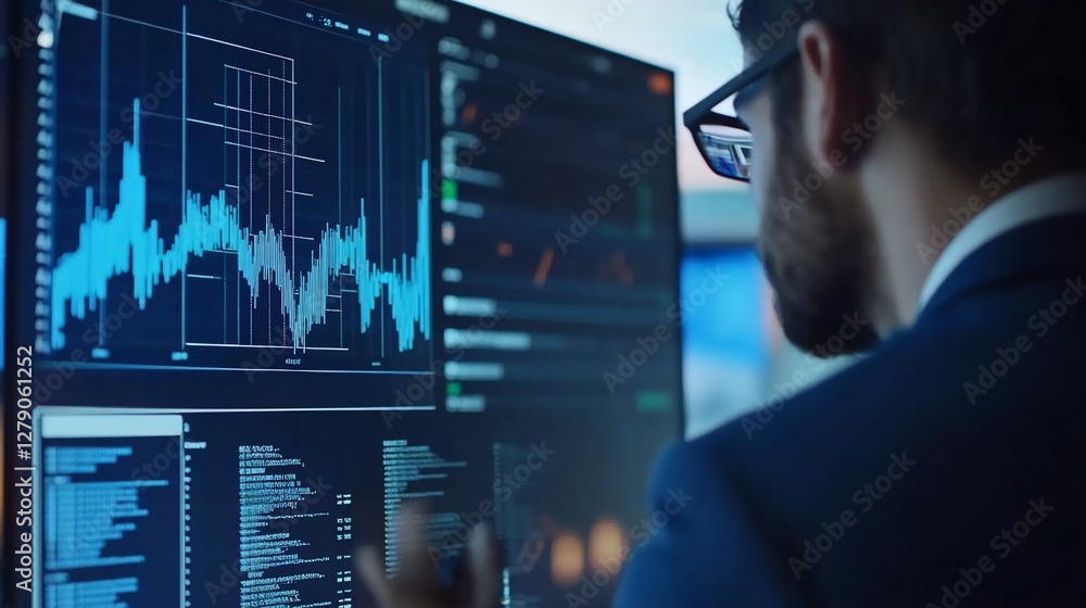 Data Analyst Examining Stock Market Trends on Multiple Computer Screens Data Analyst Examining Stock Market Trends on Multiple Computer Screens