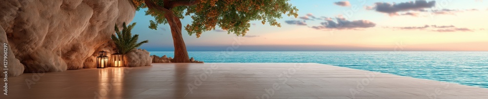 Captivating seaside terrace with trees and serene ocean views at sunset Captivating seaside terrace with trees and serene ocean views at sunset