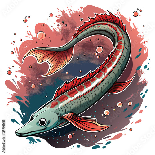 A majestic oarfish, serpentine and silvery, gracefully drifts in the abyssal depths of a deep ocean trench, sunlight barely reaching its elongated body.
