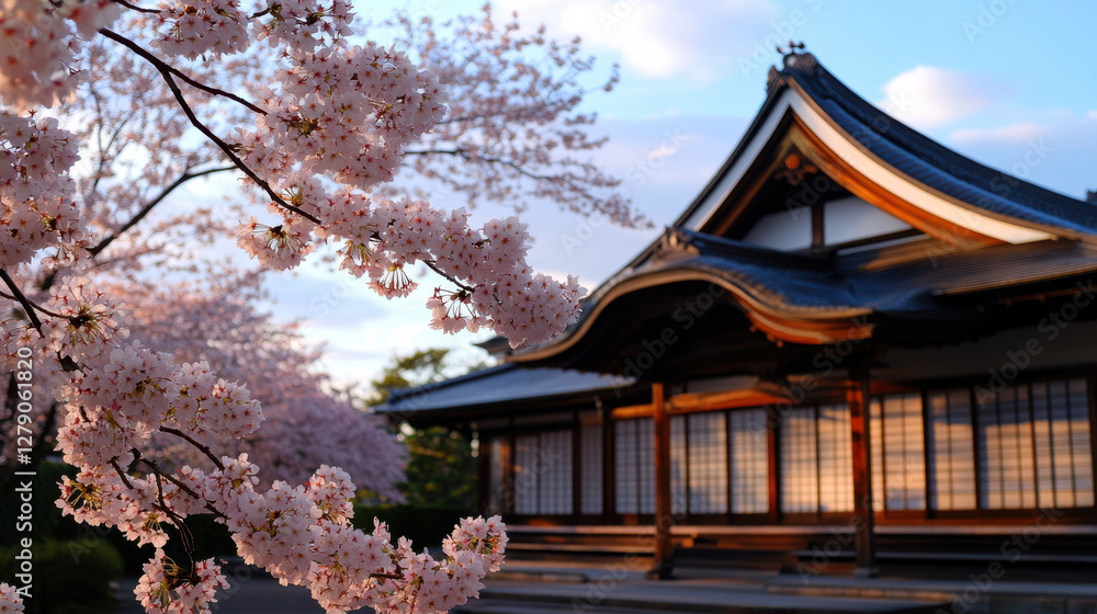 Blossoming cherry trees near traditional Japanese house Blossoming cherry trees near traditional Japanese house