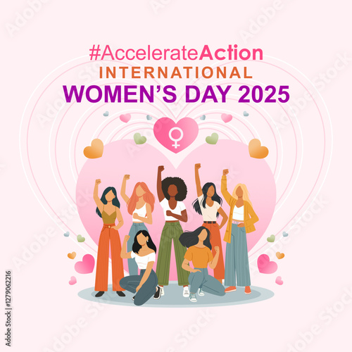 Accelerate Action Campaign Pose - International Women's Day 2025. A bold vector banner showcasing diverse women united against discrimination, symbolizing global activism for gender equality and women
