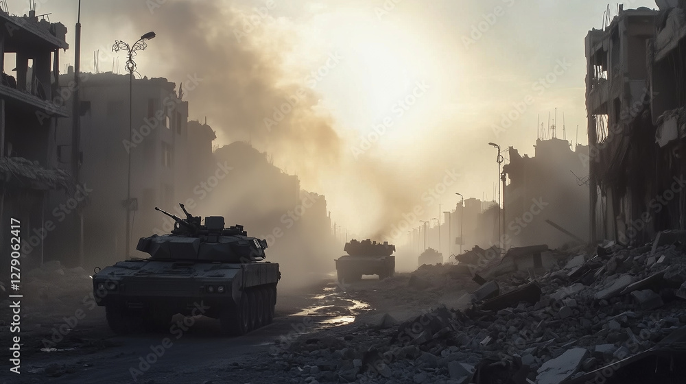 Obraz premium Urban devastation caused by conflict with military vehicles navigating through the rubble at sunset