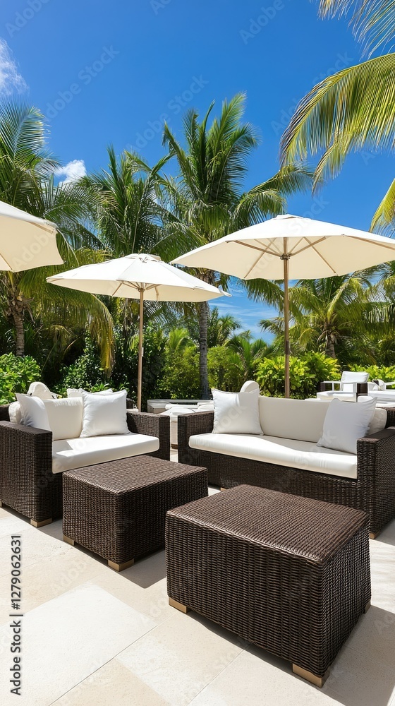 Obraz premium A spacious and comfortable outdoor seating area, nestled among lush palm trees, creates a perfect retreat in a tropical resort on a sunny day
