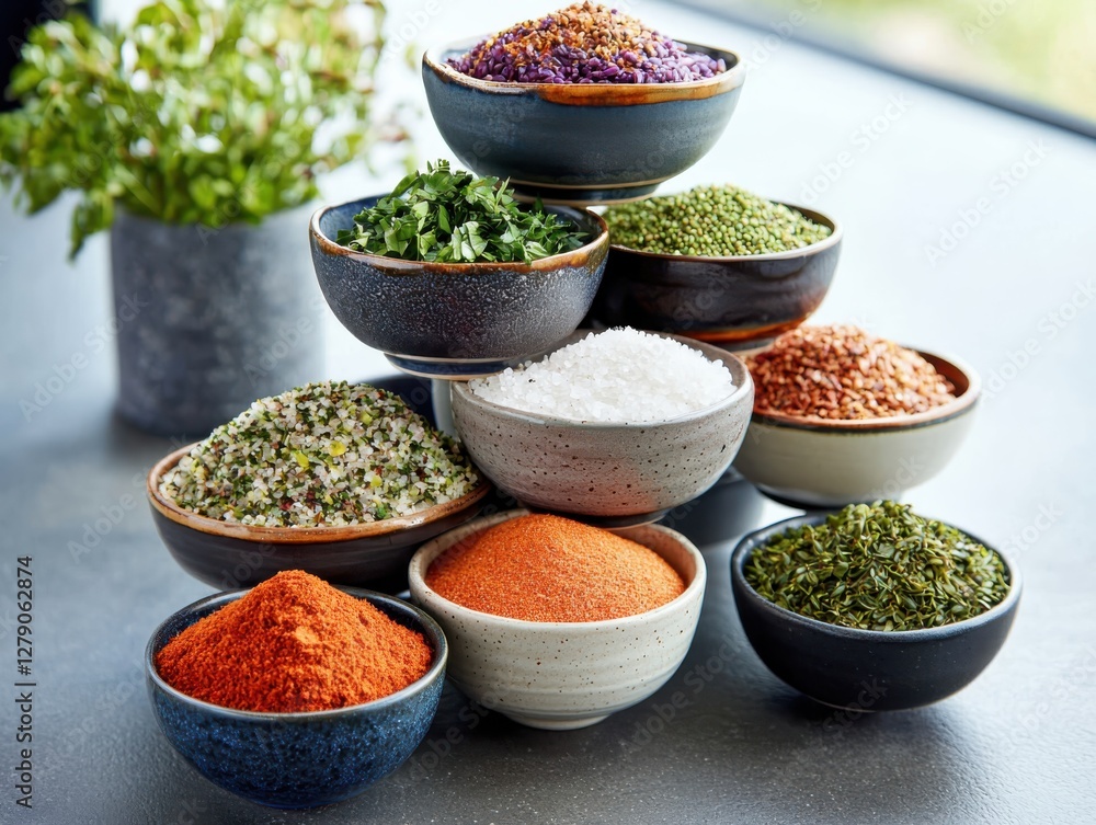 Layered spices and herbs arrangement kitchen table food photography soft natural lighting elevated view emphasizing culinary ingredients Layered spices and herbs arrangement kitchen table food photography soft natural lighting elevated view emphasizing culinary ingredients
