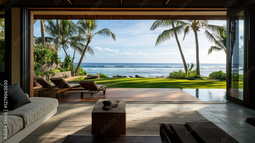 Luxurious tropical bungalow with ocean view and palm trees Luxurious tropical bungalow with ocean view and palm trees