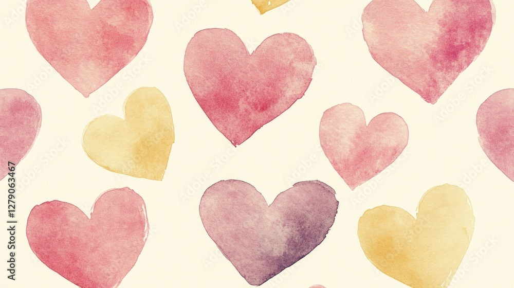 Obraz premium Watercolor hearts seamless pattern, romantic background