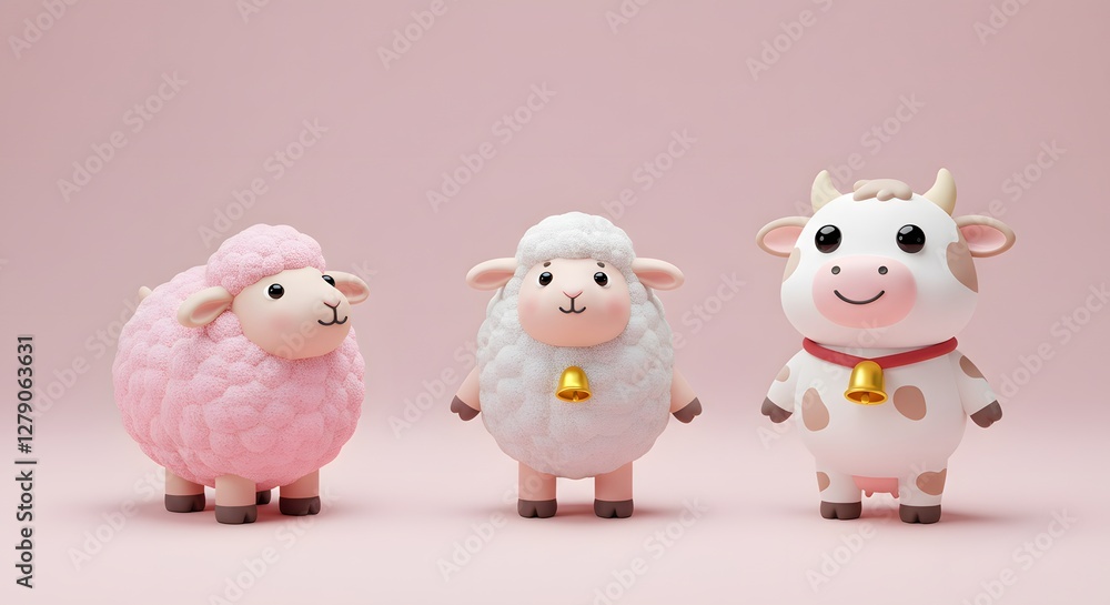 Cute Cartoon Cow and Sheep Characters with Bells on Pink Background Cute Cartoon Cow and Sheep Characters with Bells on Pink Background