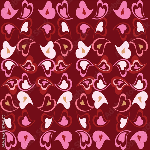 Hearts in red, pink and gold on a deep red background forming a stripe