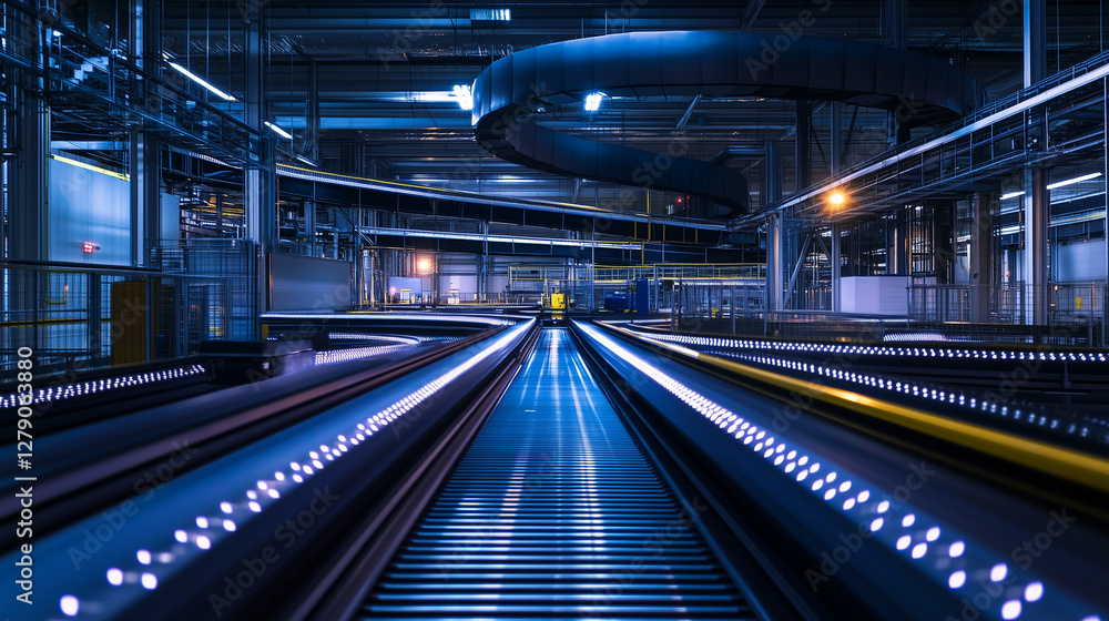 Fototapeta premium Massive weapons manufacturing facility illuminated at night with neon lights and machinery actively operational