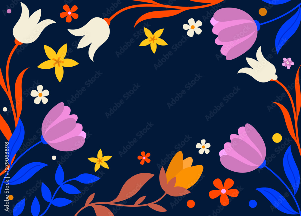 Fototapeta premium Spring floral background frame with flowers in vector, flat style.