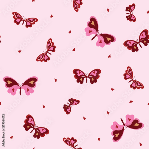 Butterflies made out of pink, red and gold hearts, with small red hearts on a pink background 