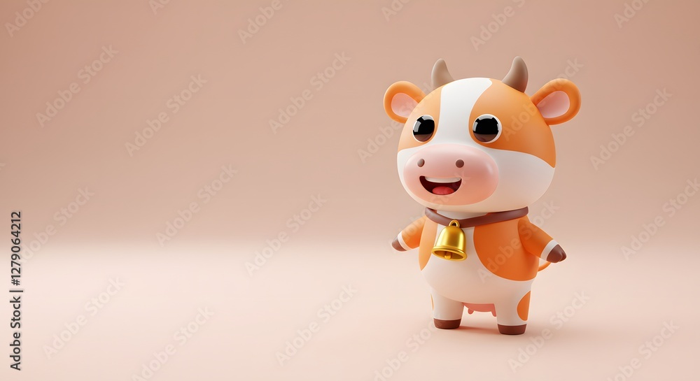 Fototapeta premium Cute Cartoon Cow Standing with Bell Animation Render on Soft Background