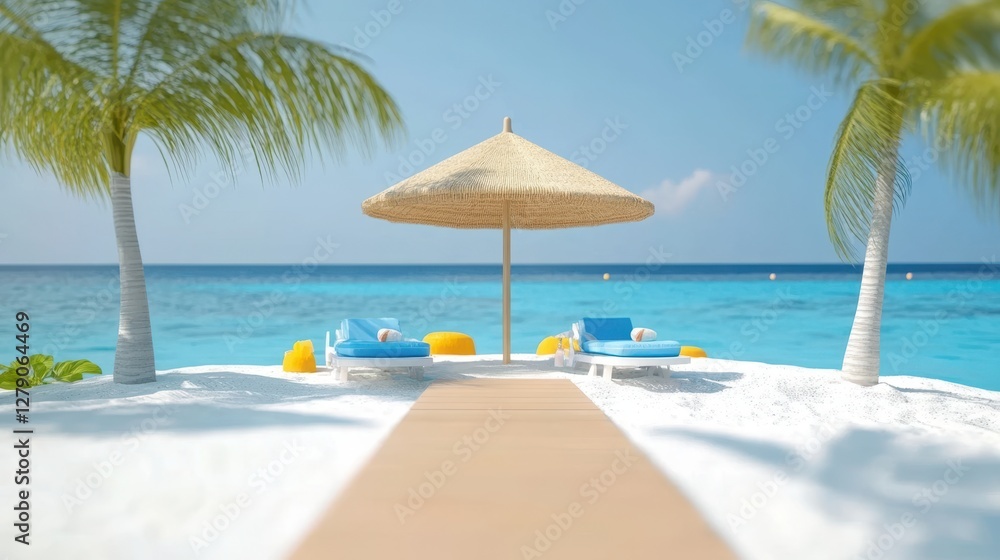 Fototapeta premium Two lounge chairs sit under a large umbrella on a sandy beach, offering a relaxing spot to enjoy the sun and sea breeze.